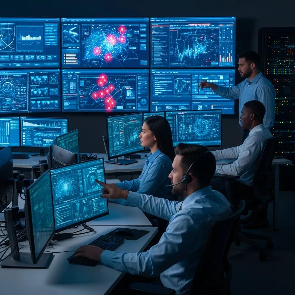 Cybersecurity-Profis im Hochtechnologie-Operationszentrum, Überwachung von Bedrohungsdaten auf mehreren Bildschirmen, Analyse aktueller Cyberbedrohungen.