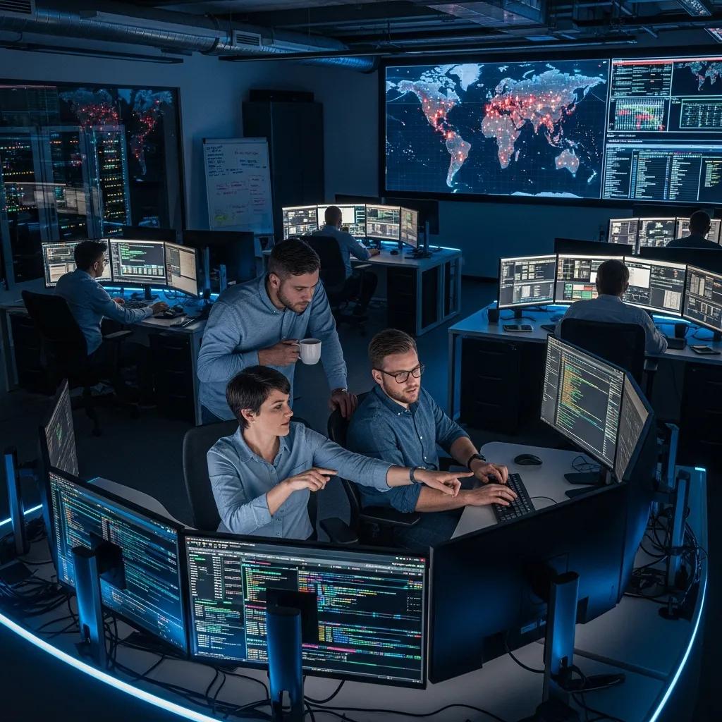 Cybersecurity-Team analysiert Daten und diskutiert proaktive Maßnahmen zur Früherkennung von Cyberbedrohungen in einem modernen Kontrollraum mit mehreren Monitoren und einer Weltkarte.