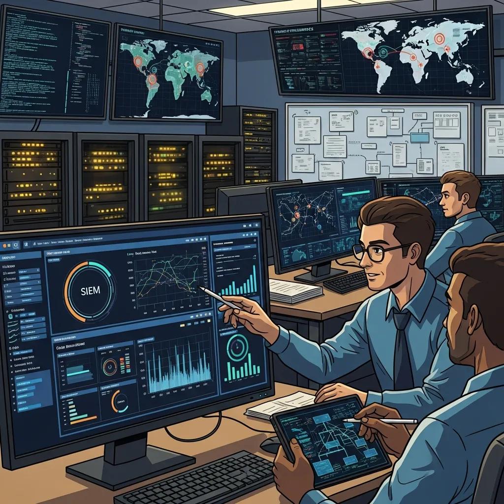 Mitarbeiter in einem Security Operations Center (SOC), die Cybersecurity-Tools wie SIEM auf Bildschirmen analysieren, während sie Bedrohungen überwachen und analysieren.