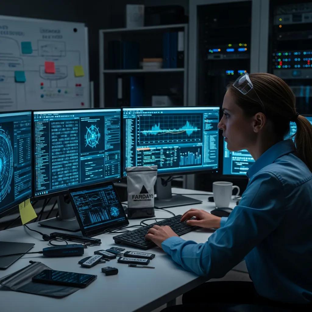 Fachfrau für digitale Forensik analysiert Cyberangriffe an mehreren Monitoren mit Datenvisualisierungen und Sicherheitswerkzeugen, um belastbare Erkenntnisse zu gewinnen.