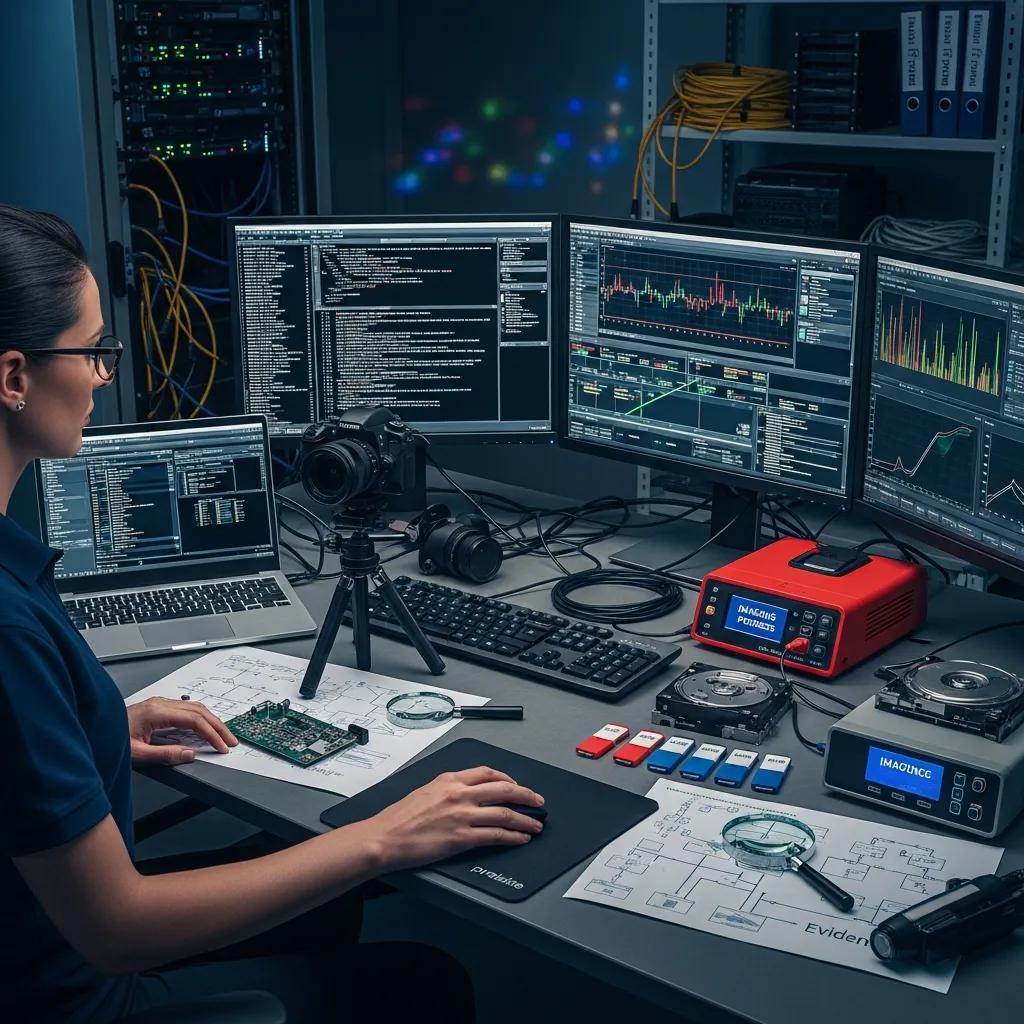Digitale Forensik-Expertin analysiert Computer und Beweismaterial in einem Cybersecurity-Labor, um nach einem Cyberangriff Daten zu sichern und Ursachen zu klären.