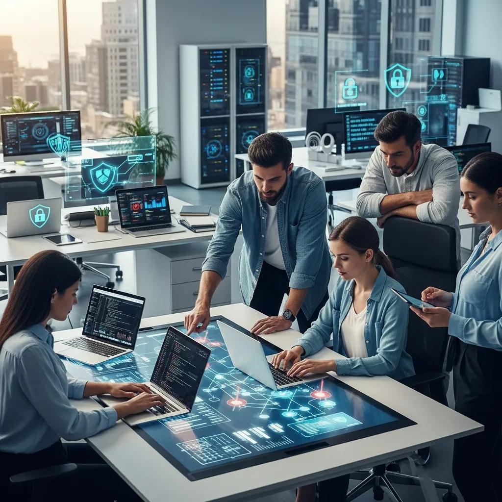 Diverse professionals collaborating on cybersecurity strategies in a modern office