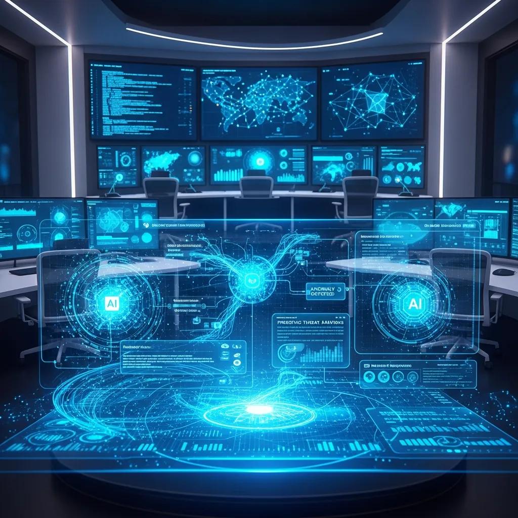 Futuristische Darstellung eines Cybersecurity-Operationszentrums mit KI-gestützten Analysen, Sicherheitsdaten, Bedrohungserkennung und Echtzeit-Überwachung.