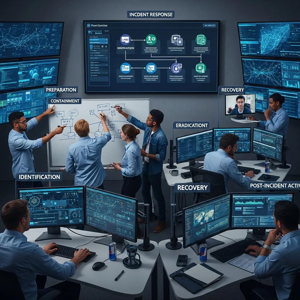 Team von Fachleuten im Sicherheitsoperationszentrum (SOC), das den Incident-Response-Prozess mit Schritten wie Identifikation, Eindämmung, Beseitigung und Wiederherstellung visualisiert, unterstützt durch mehrere Bildschirme mit Sicherheitsdaten und Diagrammen.