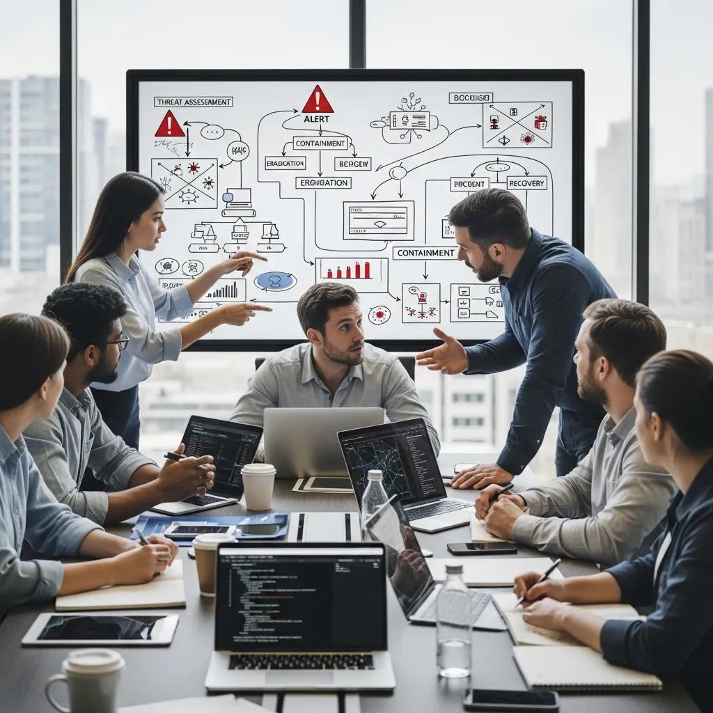 IT-Team diskutiert Incident Response Plan in modernem Workspace, Diagramm mit Bedrohungsbewertung, Alarm, Eindämmung und Wiederherstellung im Hintergrund, Laptops und Notizen auf dem Tisch.