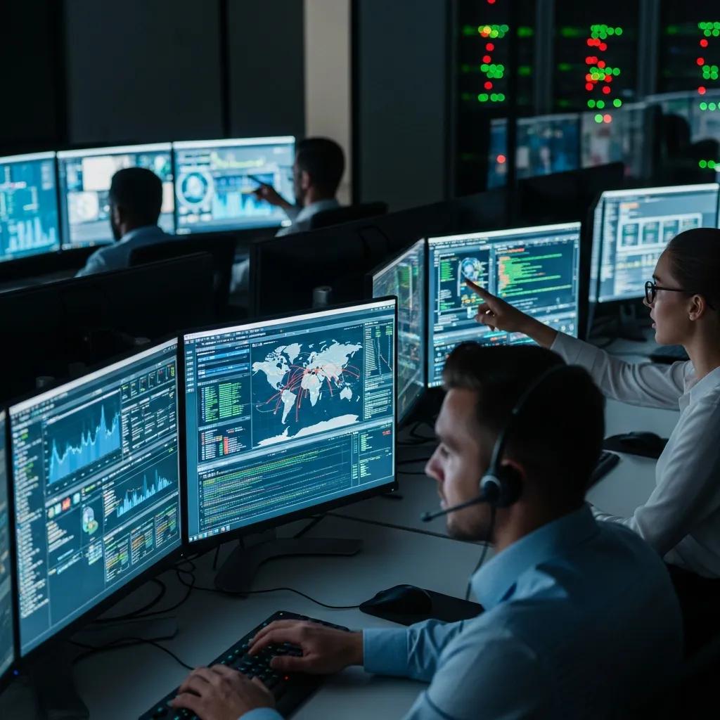 Analysten im Security Operations Center (SOC) überwachen Cybersecurity-Daten auf mehreren Bildschirmen, während sie Bedrohungen in Echtzeit analysieren und koordinieren.