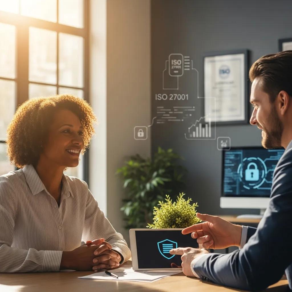 Zufriedene Kundin im Gespräch mit einem Geschäftspartner, symbolisiert Vertrauen in ISO 27001-Zertifizierung, digitale Sicherheitsgrafiken im Hintergrund.