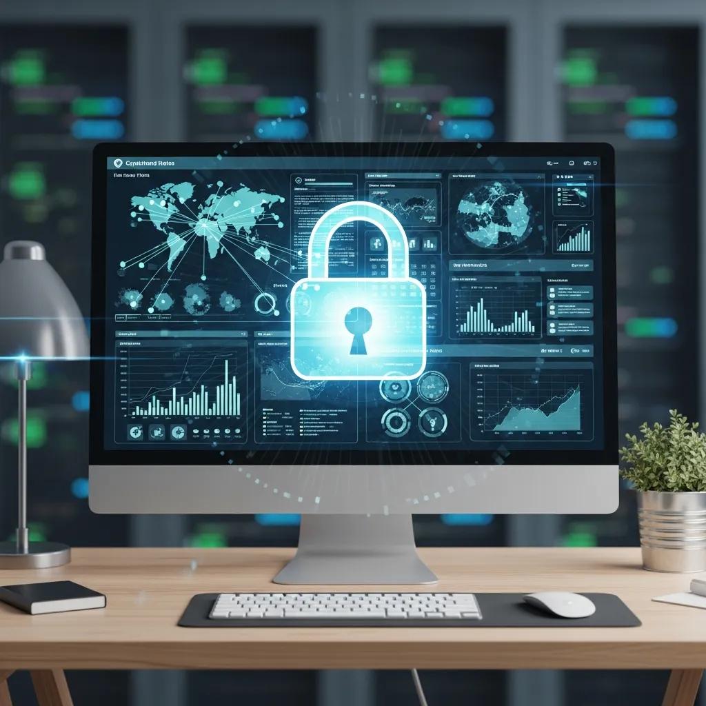 Sichere digitale Umgebung mit einem Schloss-Symbol über einem Computerbildschirm, symbolisiert die Vorteile der ISO 27001-Zertifizierung für Kostenreduzierung und Informationssicherheit.