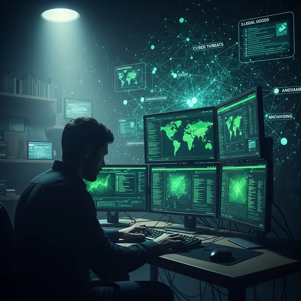 Mann am Computer, der Cyber-Bedrohungen überwacht, um potenzielle Angriffe im Darknet zu erkennen, mit mehreren Bildschirmen, die Karten und Datenanalysen anzeigen.