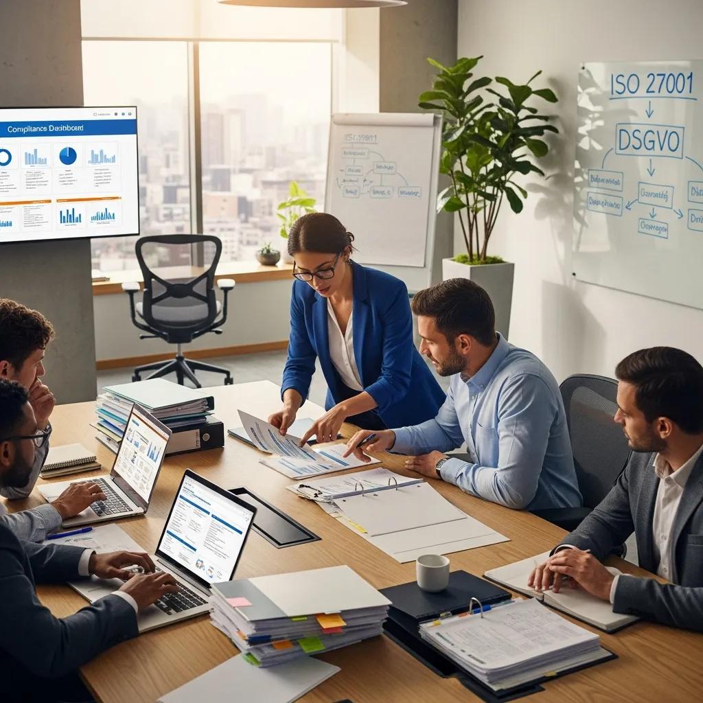 Team collaboration on ISO 27001 and DSGVO compliance in a modern office