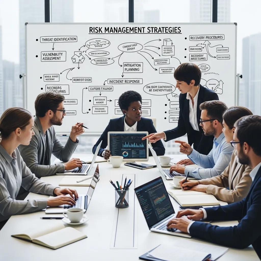 Team conducting a risk assessment meeting focused on cybersecurity strategies
