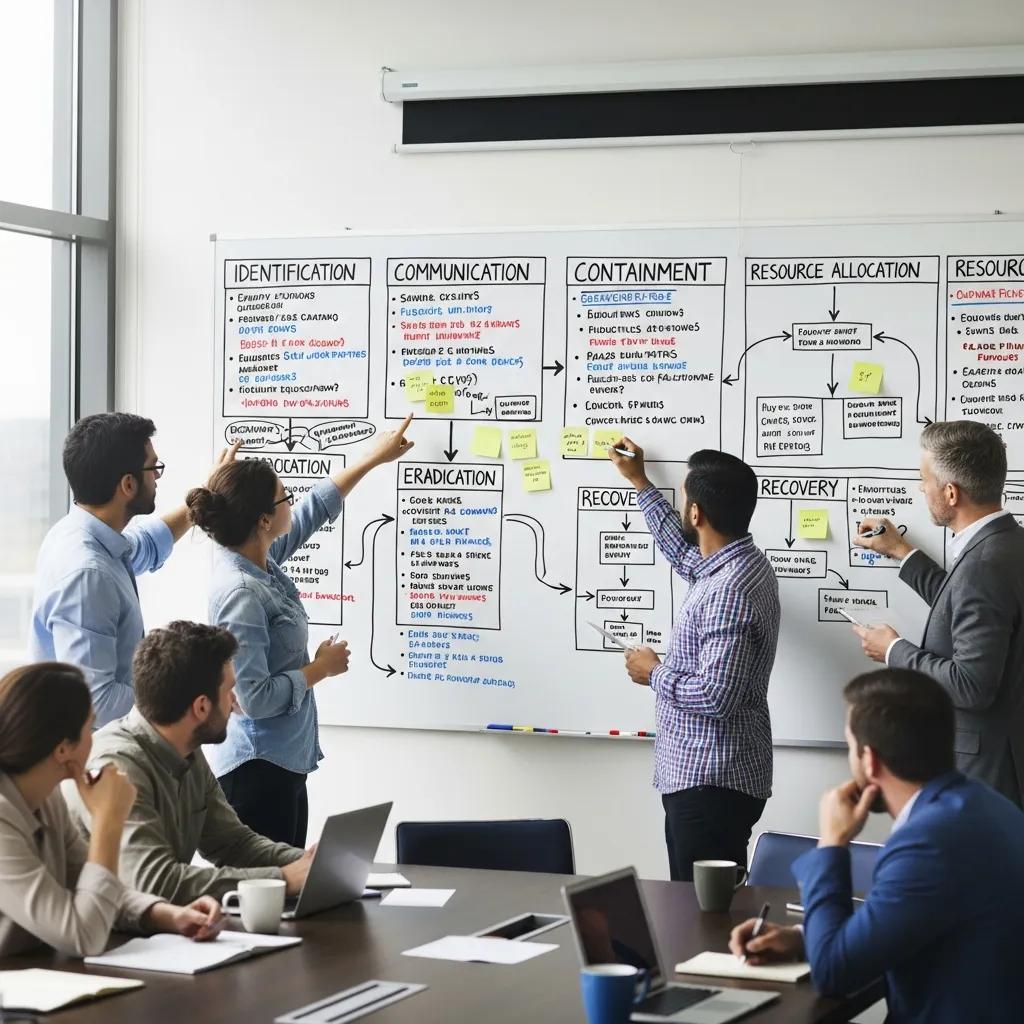 Team diskutiert einen Notfallplan zur Cyberangriffsreaktion in einem Konferenzraum, mit einem Whiteboard, das Schritte zur Identifikation, Kommunikation, Eindämmung, Ressourcenallokation, Eradikation und Wiederherstellung zeigt.