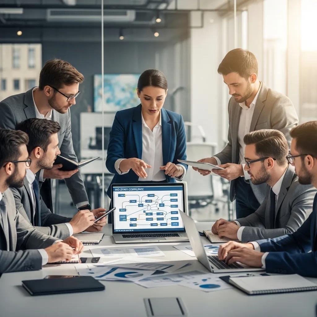 Team of professionals collaborating on ISO 27001 compliance in a modern office