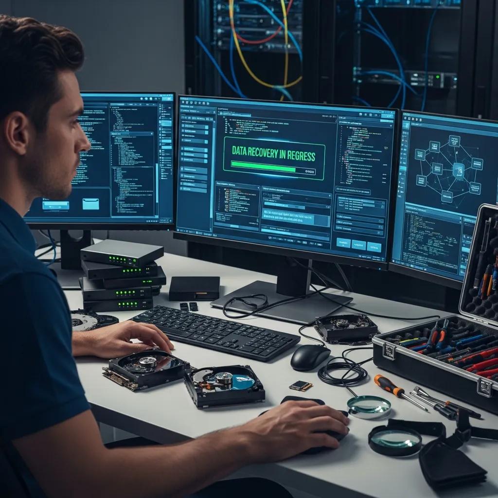 Techniker führt Datenrettung auf Computer durch, mehrere Bildschirme mit Fortschrittsanzeige "Datenwiederherstellung im Gange", Festplatten und Werkzeuge auf dem Tisch, Cybersecurity-Kontext.