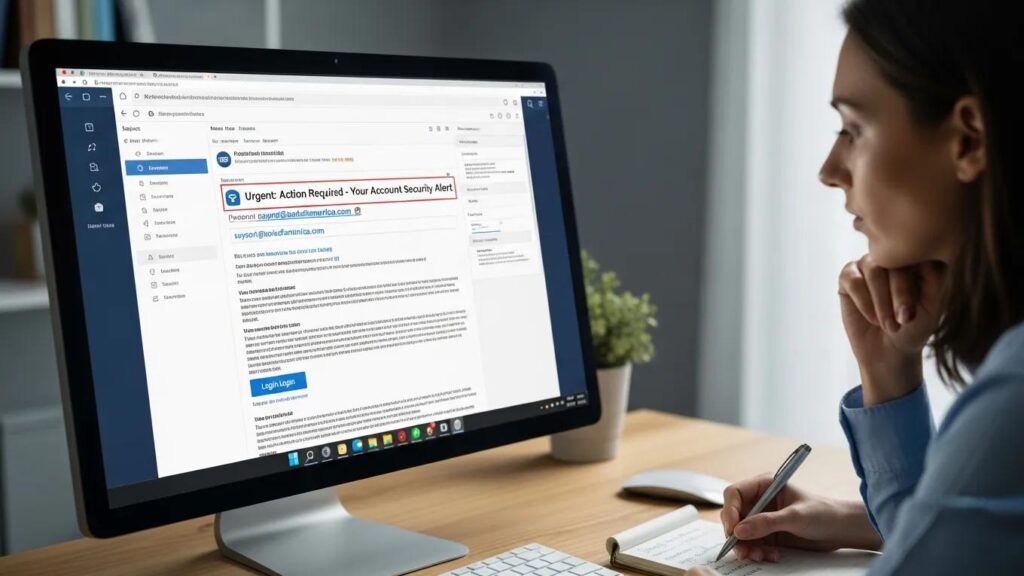 A computer screen displaying a phishing simulation email scenario with a person analyzing it