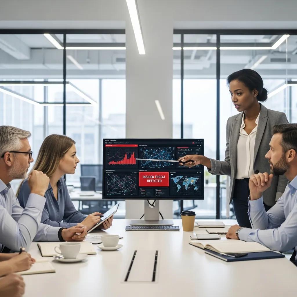 Diverse employees collaborating on cybersecurity strategies in a modern office