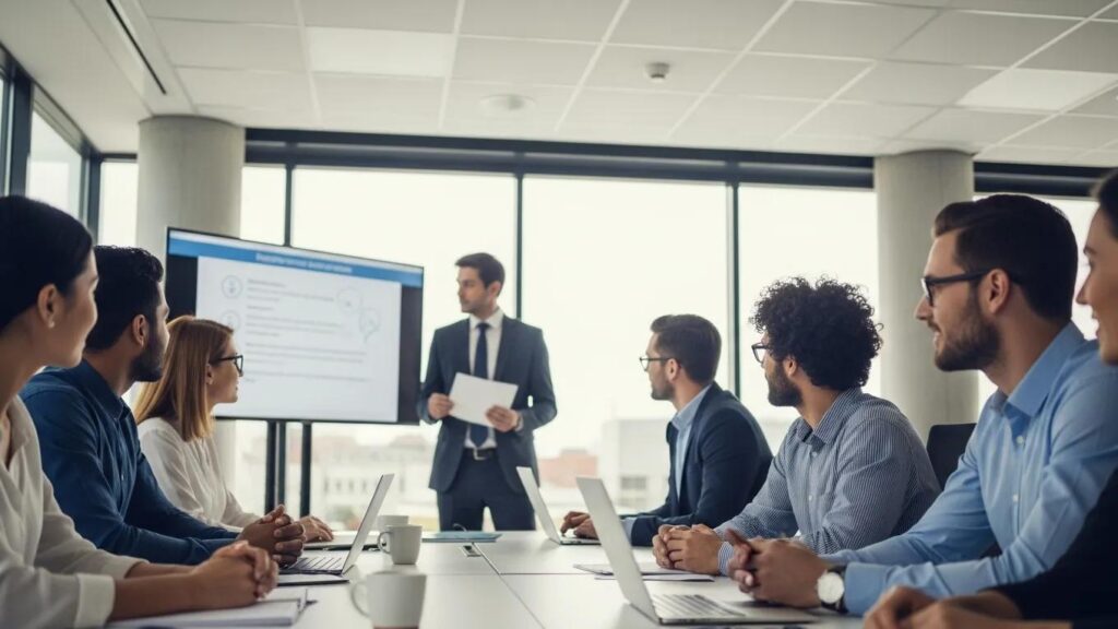 Employees engaged in a security awareness training session in a modern office