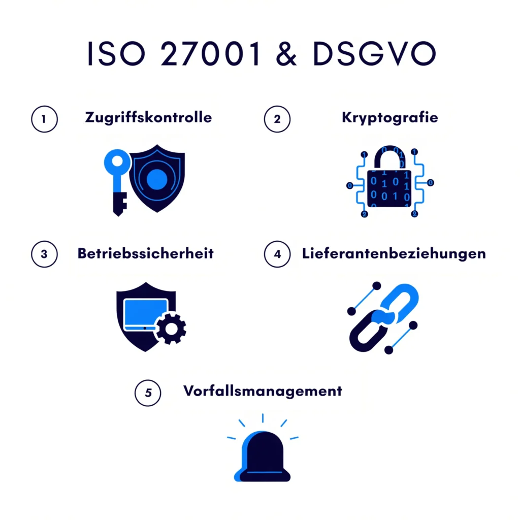 ISO 27001 Kontrollen zugeordnet zu f&uuml;nf DSGVO-Compliance-Bereichen