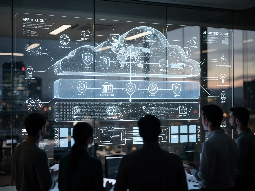 Architektur-Bauplan mit IAM, CSPM und CNAPP-Kontrollen f&uuml;r die Cloud