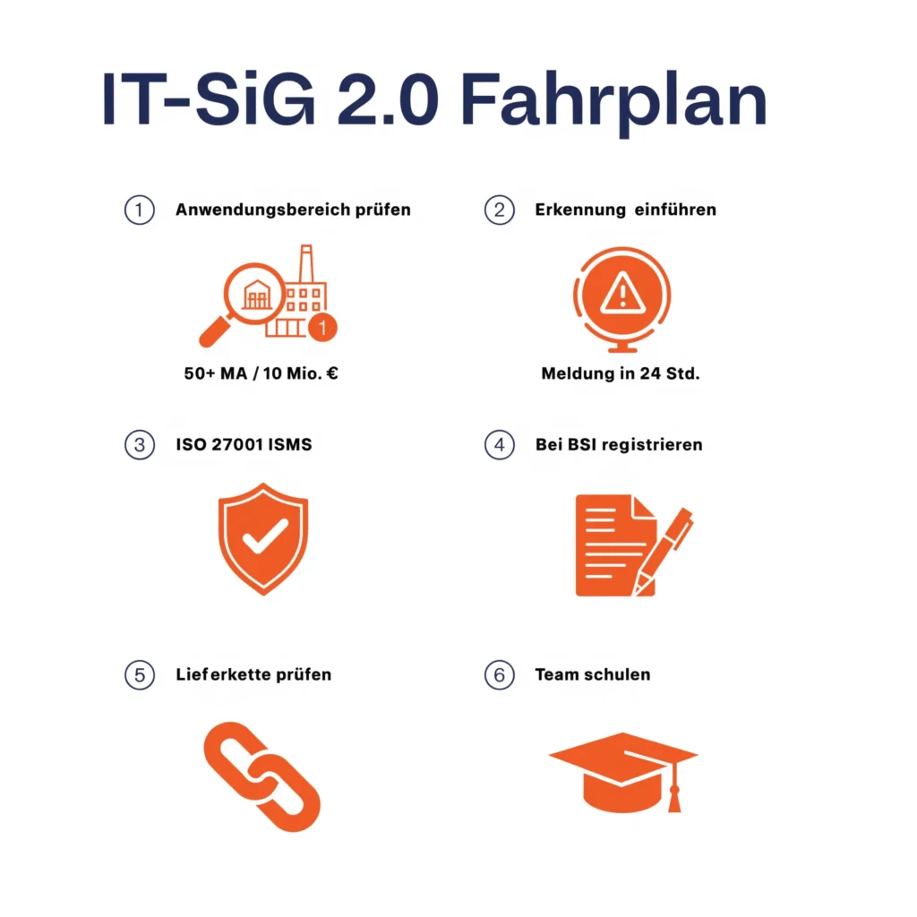 Infografik mit sechs nummerierten Schritten zur IT-SiG-2.0- und NIS2-Umsetzung