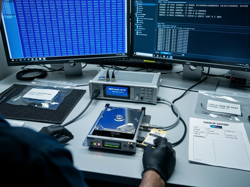 Forensic examiner analyzing digital evidence on secured hard drive