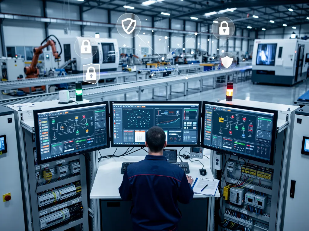 Techniker &uuml;berwacht OT-Sicherheitssysteme in der Produktionsanlage