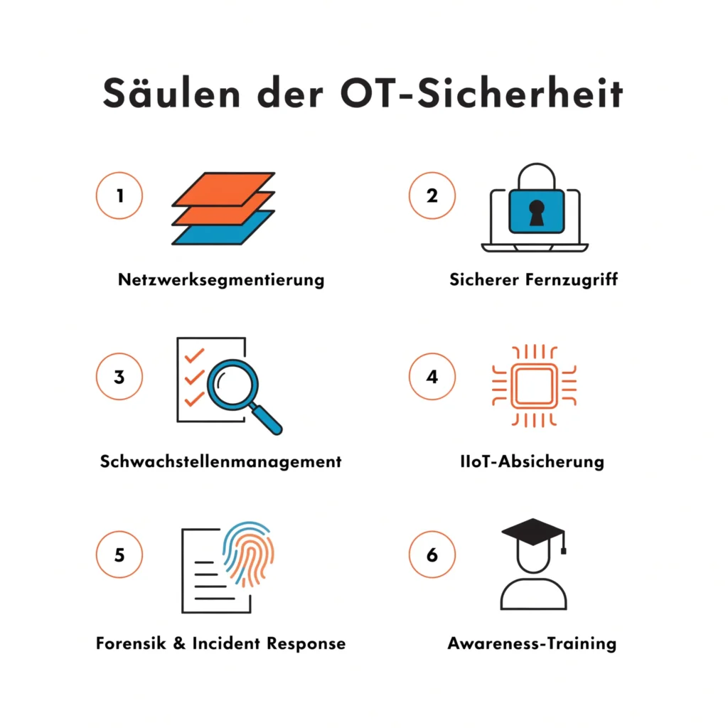 Sechs Kernbereiche der OT-Sicherheit als Infografik dargestellt